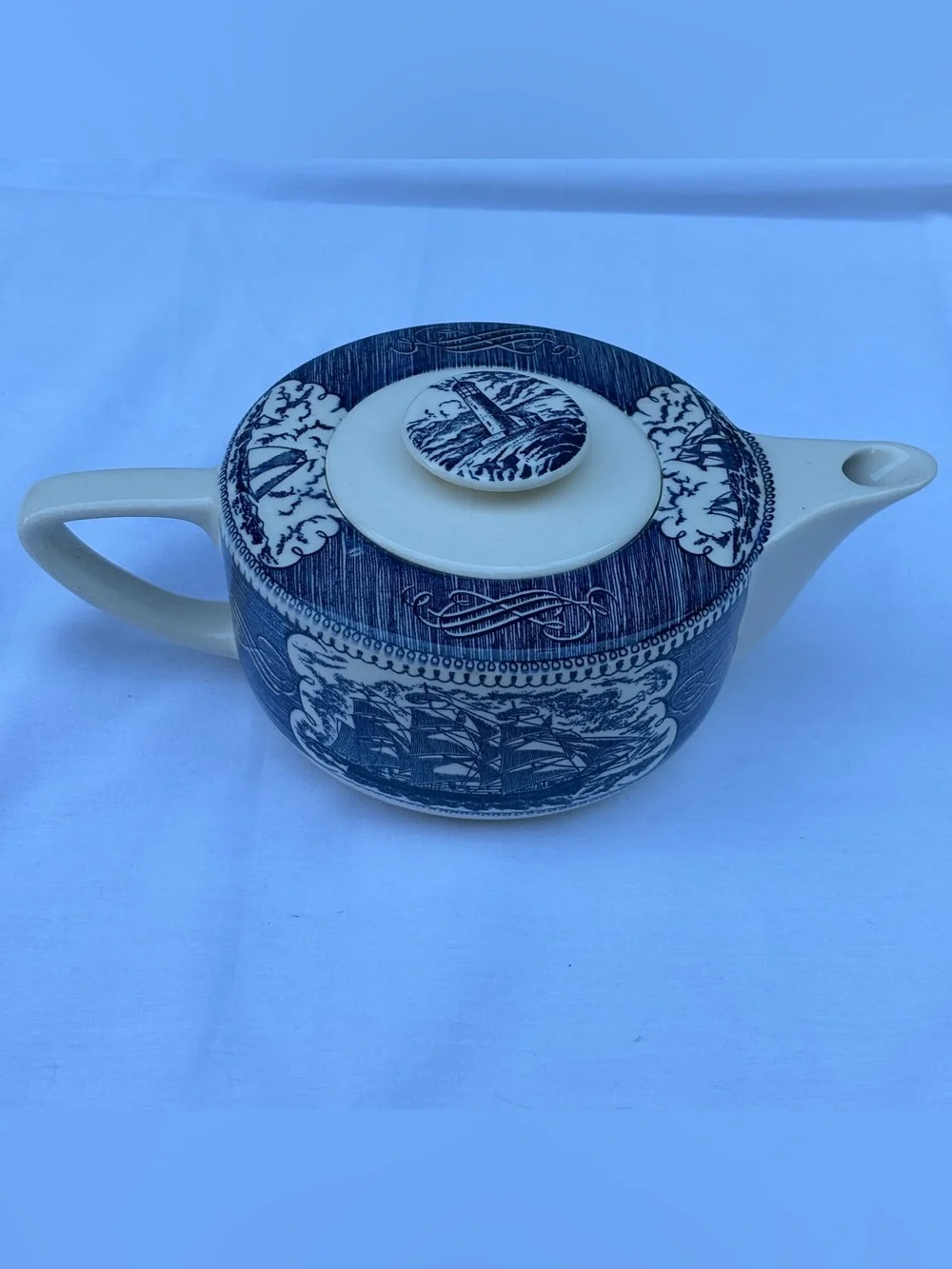Vintage Royal China Currier & Ives Blue Teapot - Clipper Ship & Lighthouse